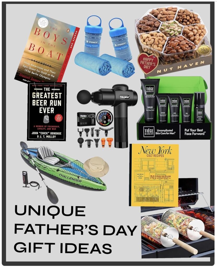 Group of gift ideas for Father’s Day, books, nuts, inflatable kayak